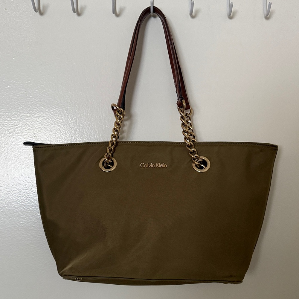 Calvin Klein Khaki Tote with Brown Handles